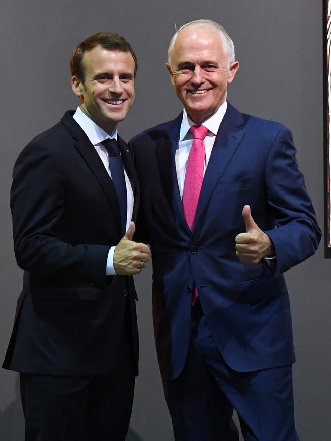 French President Emmanuel Macron and Malcolm Turnbull in 2018. Picture: AAP Image/David Moir