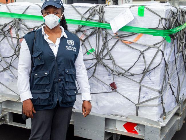 A batch of 240,000 doses of AstraZeneca vaccine at the Kigali International Airport, Rwanda, is about the same size as the shipment Italy blocked from reaching Australia. Picture: AFP