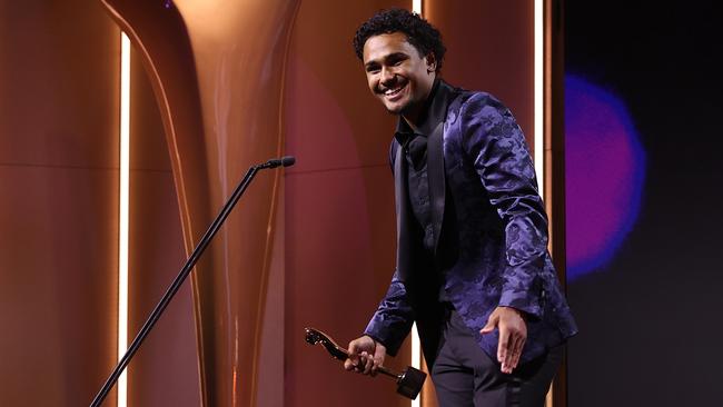 Ngali Shaw accepts the Brian Walsh Award during the 2024 AACTA Awards in February. Picture: Brendon Thorne/Getty Images