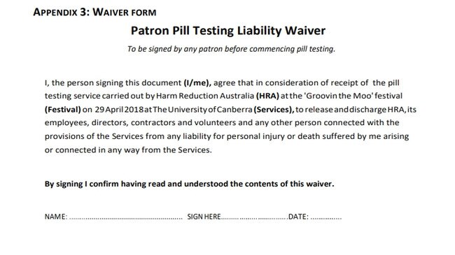 Part of the waiver festival goers would need to sign before taking part in pill testing. It absolves organisers of liability for death.