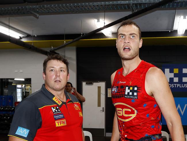 Dew and Jarrod Witts in the changerooms at TIO Stadium against Hawthorn. Picture: Michael Willson/AFL Photos via Getty Images.