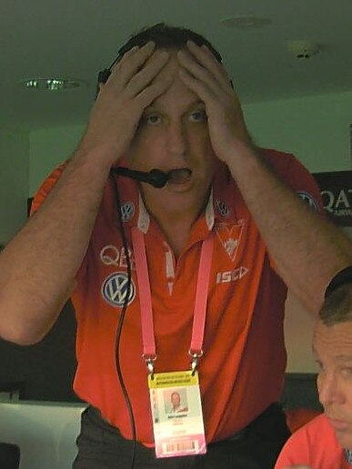 A visibly frustrated John Longmire in the coaches’ box. Picture: Fox Footy