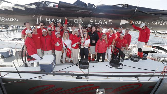 Wild Oats XI skippered by Mark Richards claims a 9th line honours victory in the 2018 Sydney to Hobart Yacht Race. The yacht crossed the line in 1d 19hrs 7mins 21secs. Picture: RICHARD JUPE