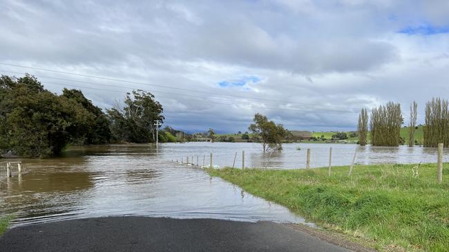 Flooding at Drumreagh Cabins at Deloraine has cut the property off in two directions. Picture: Melissa Sherriff
