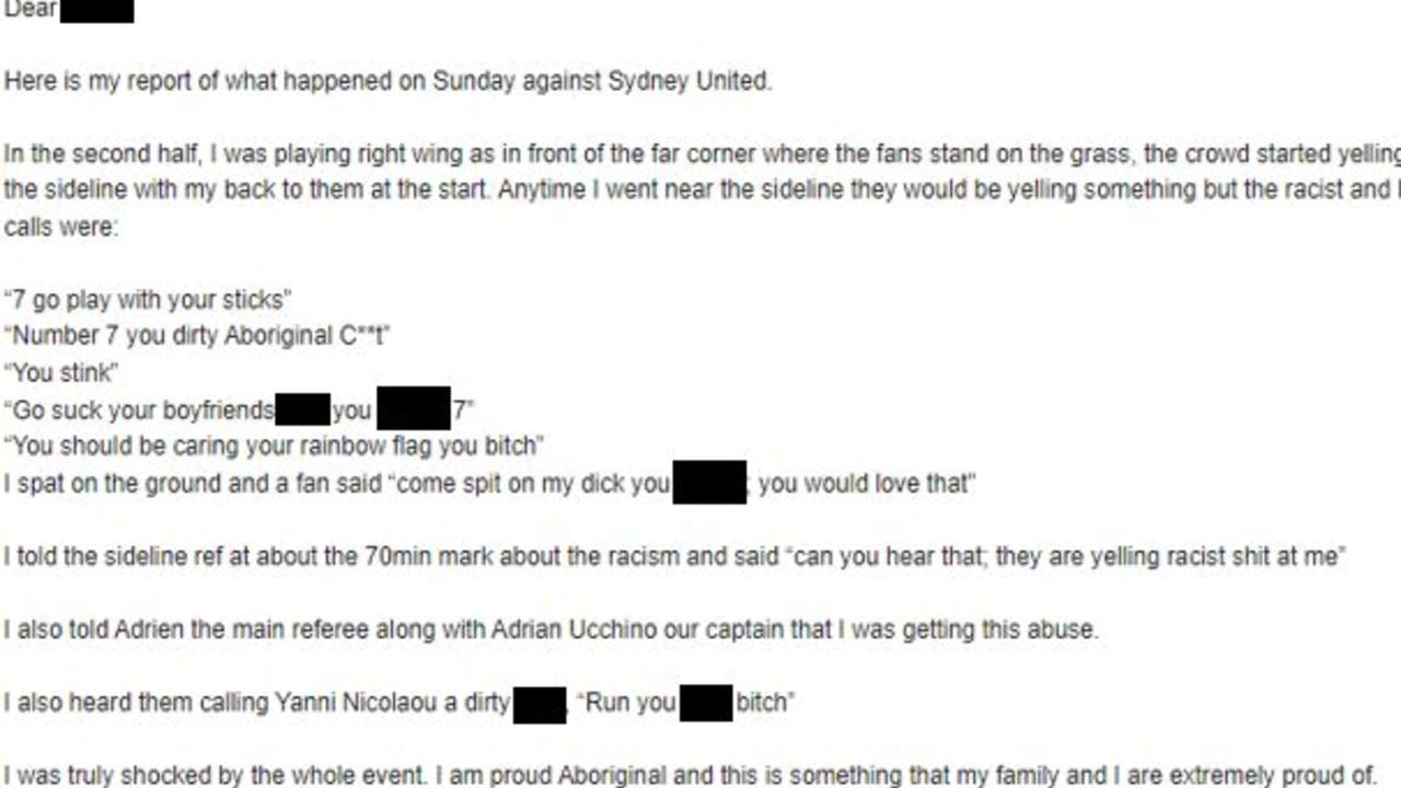 The letter written to APIA Leichhardt by the player, detailing the alleged abuse.