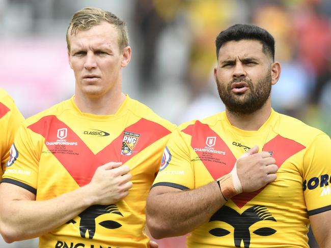 (L-R) Alex Johnston, North Queensland Cowboys player Zac Laybutt with brother Kyle Laybutt of the Townsville Blackhawks and Rhyse Martin for Papua New Guinea during the 2023 Pacific Championship. Picture: NRL Imagery