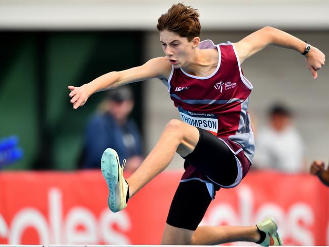 Blade Thompson (QLD) competes in the Boys U14 200m Hurdles during the Australian Little Athletics Championships at Lakeside Stadium in Albert Park, Victoria on April 22, 2023.