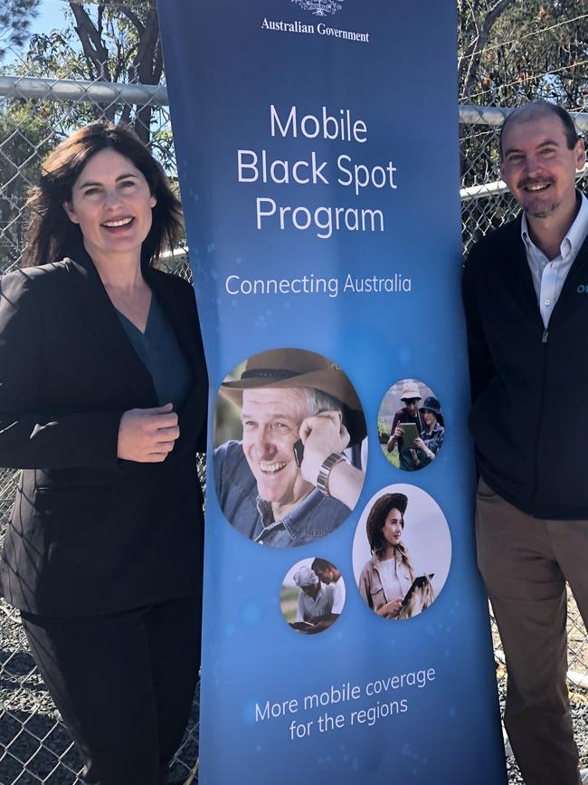 Mrs Wicks and Optus Mobile Planning Manager Vin Mullins at the launch in Calga