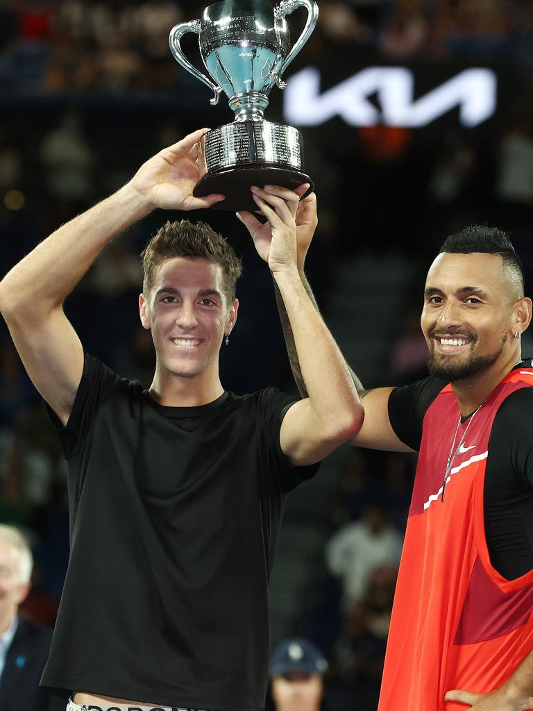 Thanasi Kokkinakis and Nick Kyrgios with their doubles trophy. Picture: Michael Klein