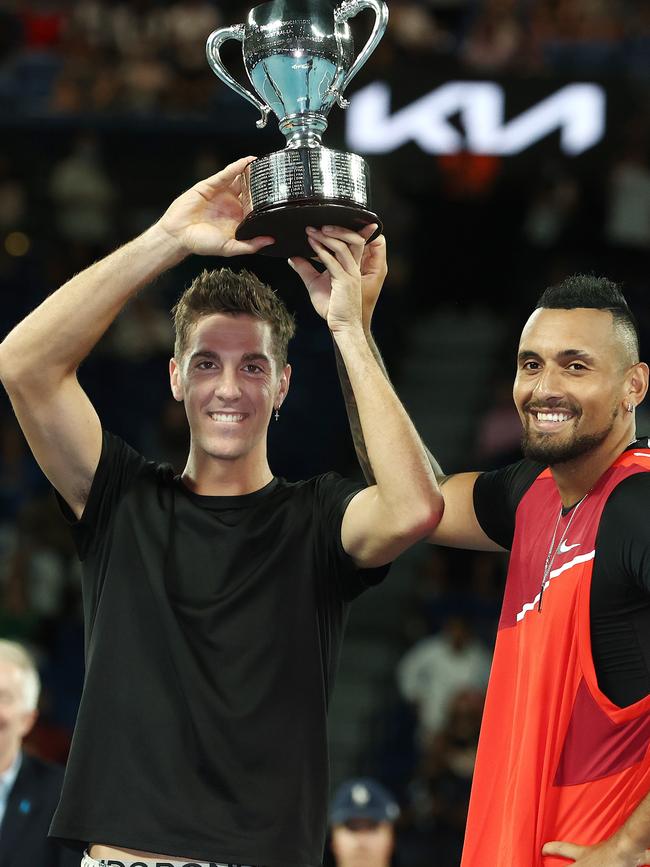 Thanasi Kokkinakis and Nick Kyrgios with their doubles trophy. Picture: Michael Klein