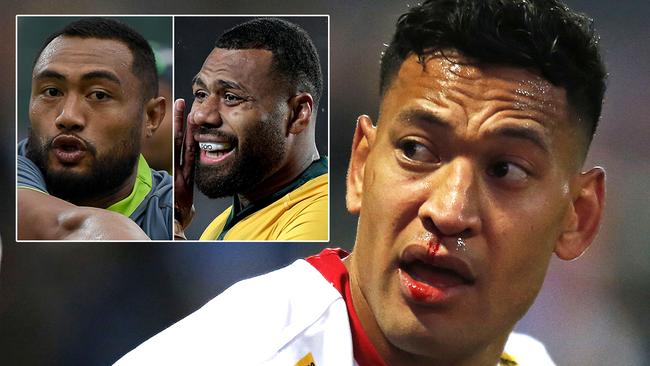 Sacked Wallaby Israel Folau (main image) and (inset) former teammates Sekope Kepu and Samu Kerevi.