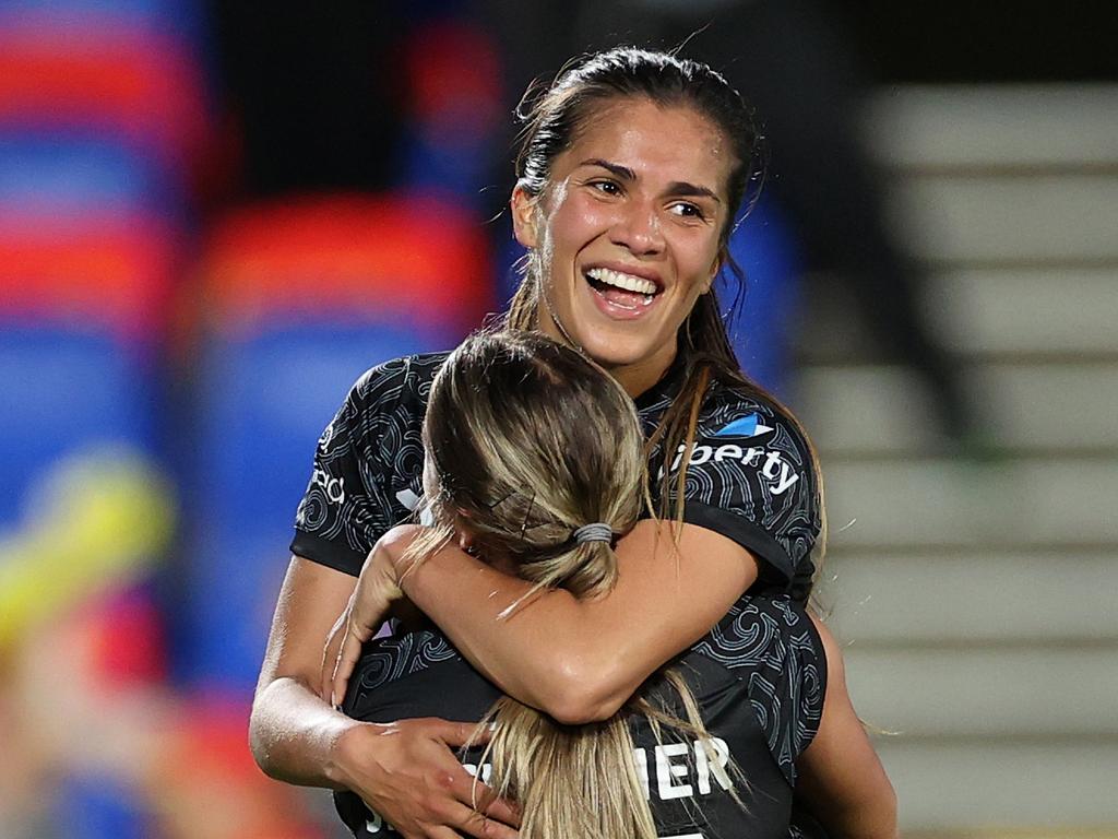 AUCKLAND, NEW ZEALAND - NOVEMBER 25: Chloe Knott of Wellington celebrates a goal during the A-League Women round six match between Wellington Phoenix and Perth Glory at Go Media Stadium, on November 25, 2023, in Auckland, New Zealand. (Photo by Fiona Goodall/Getty Images)