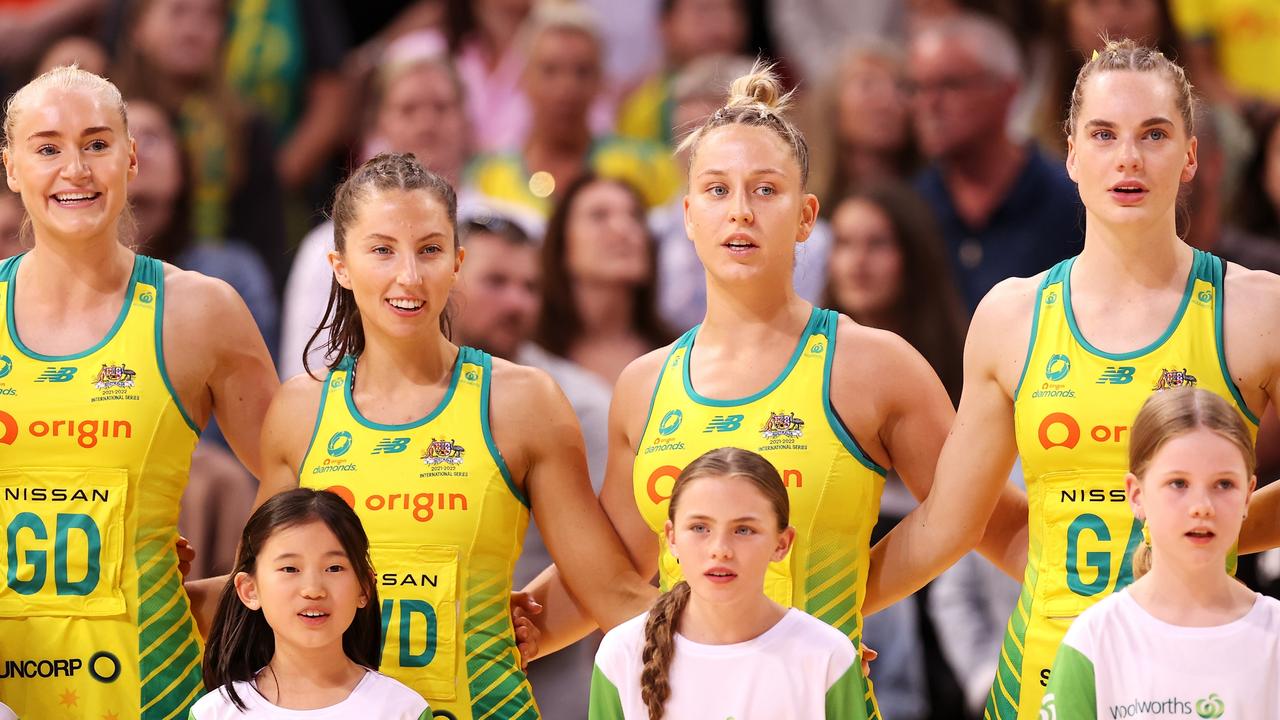 Diamonds players Jo Weston, Amy Parmenter, Jamie-Lee Price and Kiera Austin sing the national anthem. Picture: Mark Kolbe