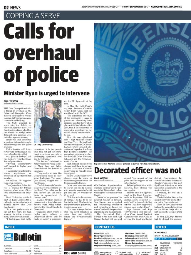 The Gold Coast Bulletin on the day Michelle Stenner was charged.