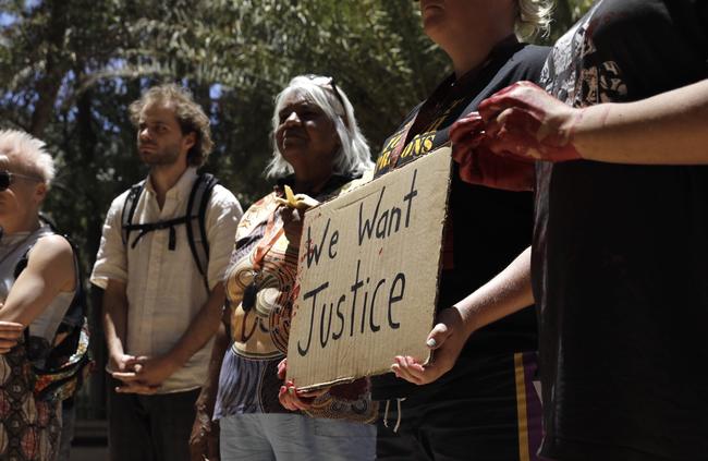 Protesters on the lawns of the Alice Springs Court following the fatal shooting of Kumanjayi Walker in Yuendumu. Picture: EMMA MURRAY