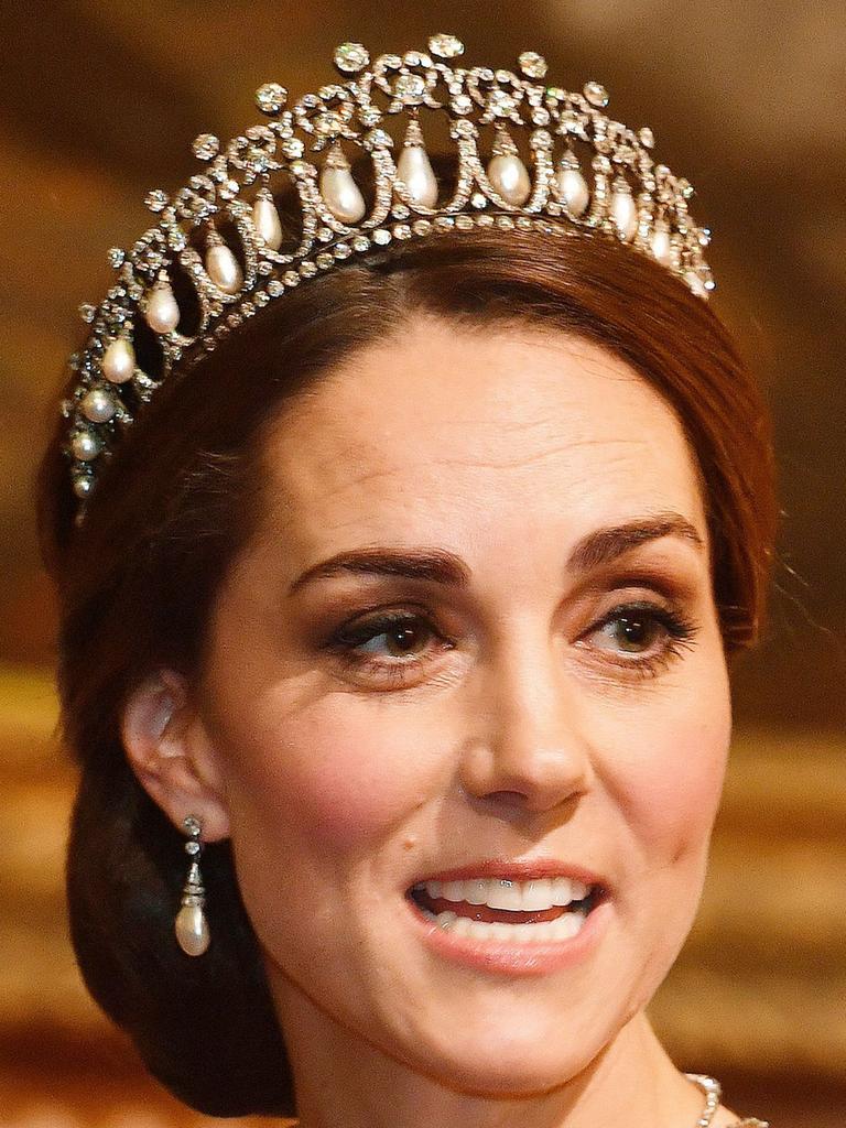 Kate Middleton, wearing the Cambridge Lover’s Knot Tiara. Picture: AFP