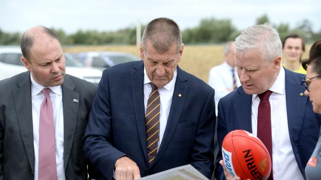 Federal Treasurer Josh Frydenberg, Hawthorn president Jeff Kennett and Deputy Prime Minister Michael McCormack at the launch of development plans for Hawthorn’s new facilities at Dingley Village in Melbourne's outer south-east. Picture: NCA NewsWire