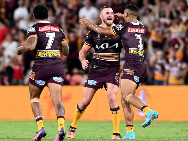 Kurt Capewell celebrates after kicking his first field goal. Picture: Bradley Kanaris/Getty Images