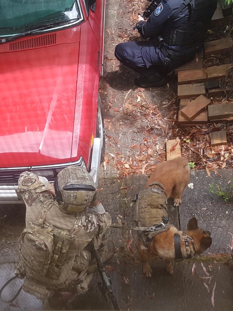 A neighbour took these pictures of armed police officers during from inside his property.