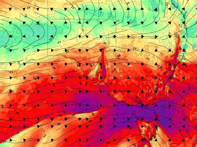 Images: Forecast wind gusts (speed and direction) at 10pm AEST Friday, July 7 (top), and 1pm AEST Saturday, July 8 (bottom), according to the ECMWF-HRES model.