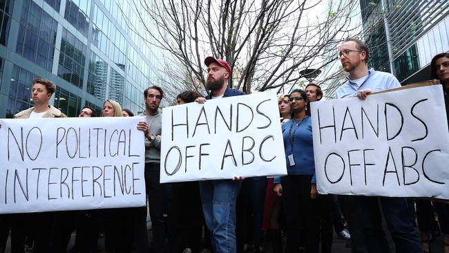 26/9/19: ABC staff hold a meeting outside of the ABC in Sydney responding to a story that ABC Chairman Justine Milne was trying to get senior journalist Emma Alberici sacked. John Feder/The Australian.