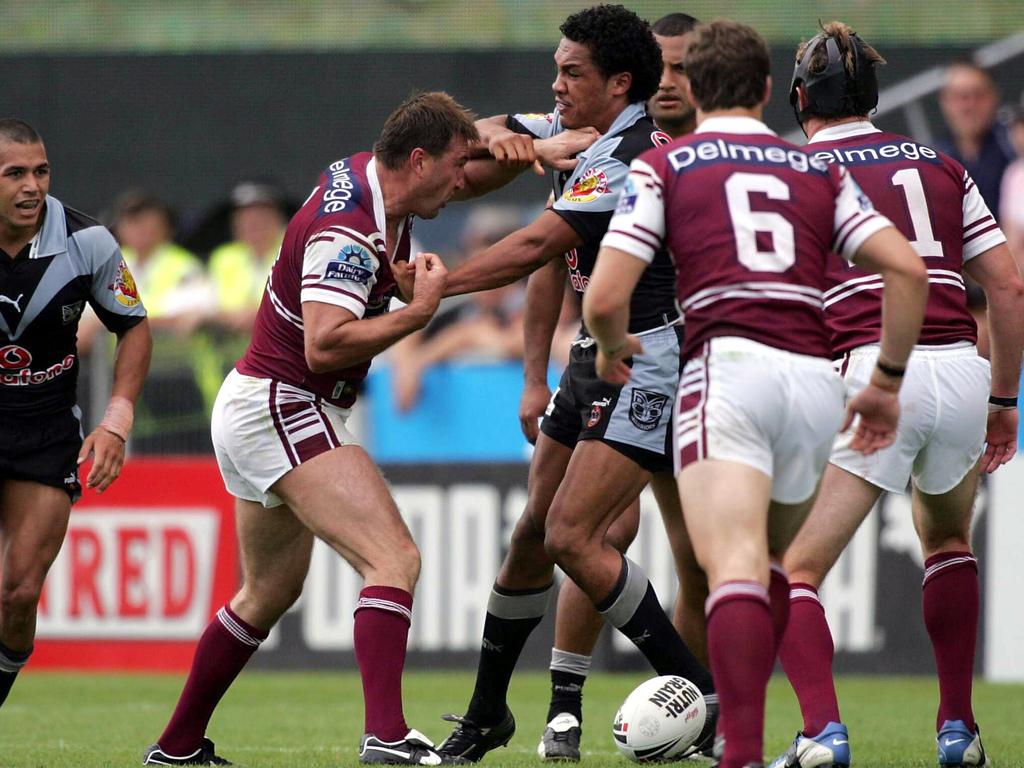 Terry Hill clashes with Clinton Toopi. Picture: Rugby League A/CT