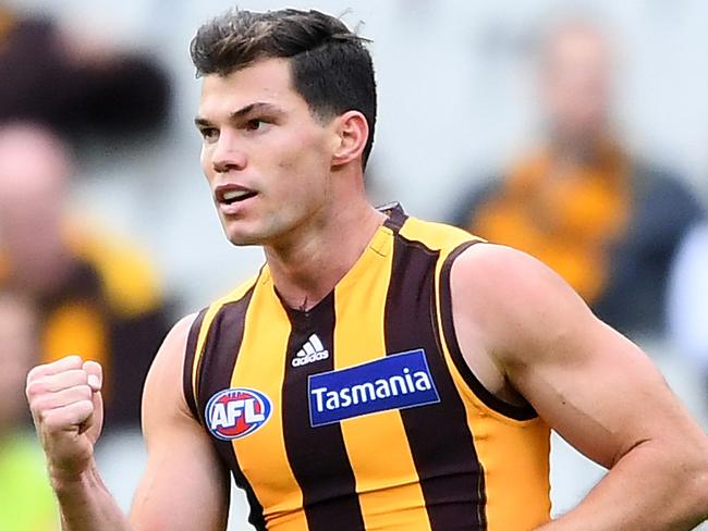 MELBOURNE, AUSTRALIA - MAY 12: Jaeger O'Meara of the Hawks celebrates kicking a goal during the round eight AFL match between the Hawthorn Hawks and the Greater Western Sydney Giants at Melbourne Cricket Ground on May 12, 2019 in Melbourne, Australia. (Photo by Quinn Rooney/Getty Images)