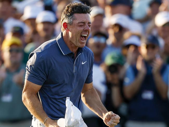 AUGUSTA, GEORGIA - APRIL 13: Rory McIlroy of Northern Ireland celebrates winning the 2025 Masters Tournament after the first playoff hole on the 18th green at Augusta National Golf Club on April 13, 2025 in Augusta, Georgia. (Photo by Harry How/Getty Images)