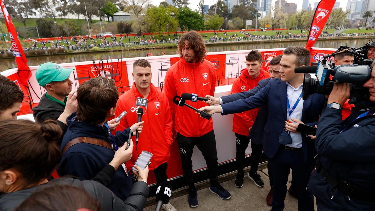 Tom Papley and Tom Hickey chat to the media. Picture: Getty Images