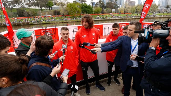 Tom Papley and Tom Hickey chat to the media. Picture: Getty Images