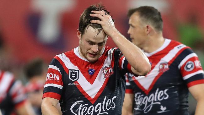 Dejected Roosters Luke Keary at full time in the Sydney Roosters v Canberra Raiders Semi Final at the SCG. Picture: Brett Costello