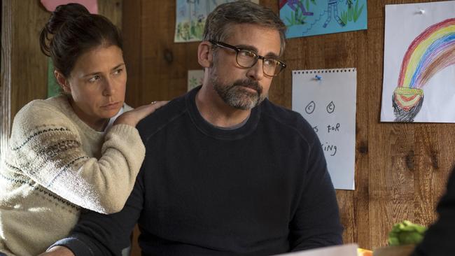 Maura Tierney, left, and with Steve Carell. He plays a desperate father in the film. Picture: Francois Duhamel/Amazon Studios via AP