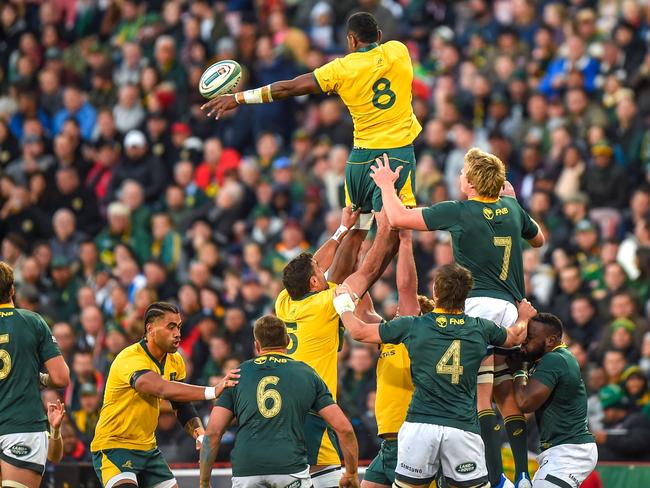 Australia's Isi Naisarani grabs the ball of a lineout. Picture: Christiaan Kotze/AFP