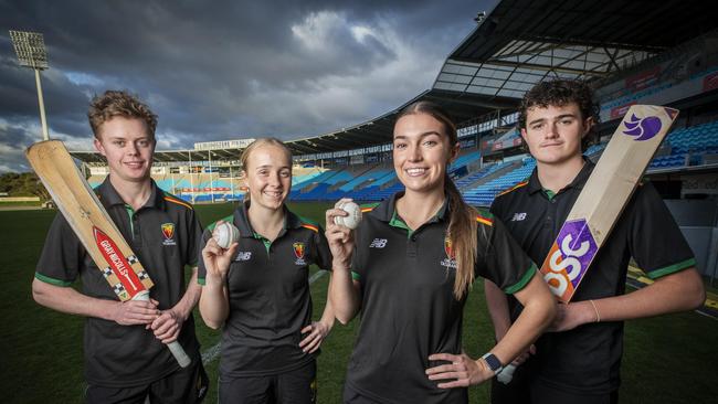 Emerging Tigers (L-R) Darcy Allen, Taylor Brooks, Sophia Di Venuto and Luca Di Venuto at Blundstone Arena. Picture: Chris Kidd