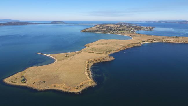 Golf course, recreation and accommodation development proposed for the South Arm peninsula by Tasmanian entrepreneur Greg Ramsay, an aerial view of Arm End headland reserve area