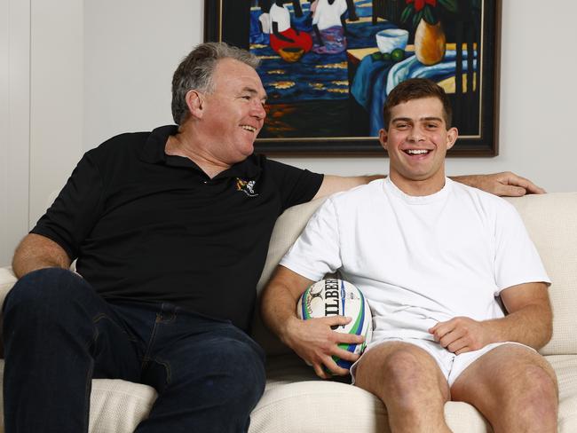 Wallabies legend Owen Finegan and cancer survivor Hugo Kulcsar. Picture: Jonathan Ng