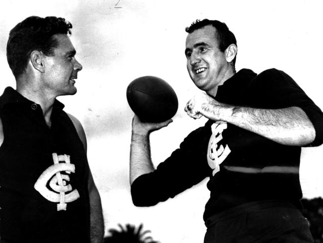 Football coach Ron Barassi, left, with Colin Ridgway who play for the Dallas Cowboys gridiron team 05 Feb 1966.