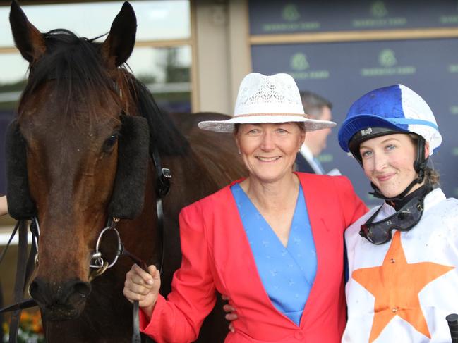 Apprentice Madeline Owen and trainer Karen Owen with Fay's Angel after their Warwick Farm win. Picture: Grant Guy