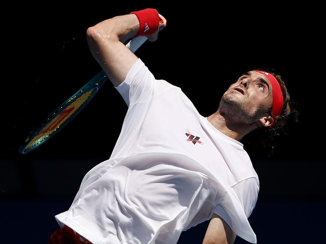 MELBOURNE, AUSTRALIA - JANUARY 11: Stefanos Tsitsipas of Greece serves during a practice session ahead of the 2025 Australian Open at Melbourne Park on January 11, 2025 in Melbourne, Australia. (Photo by Daniel Pockett/Getty Images)