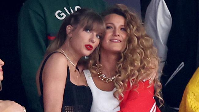Singer Taylor Swift and actress Blake Lively prior to Super Bowl LVIII between the San Francisco 49ers and Kansas City Chiefs at Allegiant Stadium on February 11, 2024 in Las Vegas, Nevada. Picture: Steph Chambers/Getty Images.