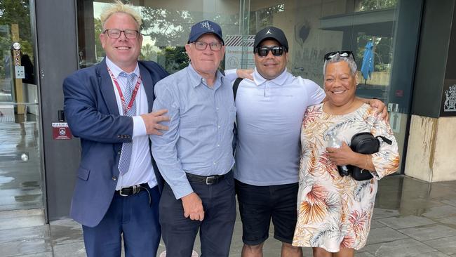 From left to right: Defence lawyer Paddy O'Donnell, John Lang, Chris Sandow, and Rhonda Sandow. At Ipswich Courthouse on February 24, 2023. Picture: Nicola McNamara