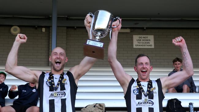 Wangaratta coach Ben Reid and Magpies captain Mick Newton after last year’s grand final. Picture: Yuri Kouzmin