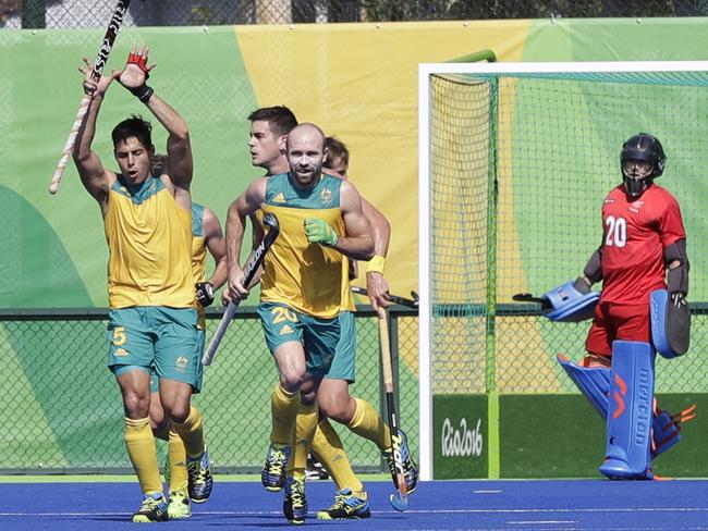 Chris Ciriello celebrates putting the Aussies ahead early against the Kiwis.