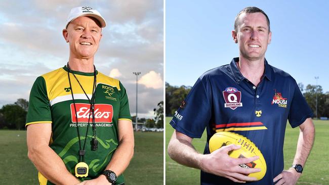 Maroochydore head coach Steve Wildschut and Noosa head coach Matt Leuenberger. Pictures: Patrick Woods.