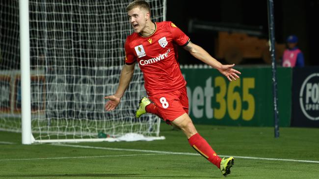 Riley McGree celebrates his winning goal in the FFA Cup semi-final in Gosford. Picture: Ashley Feder/Getty Images