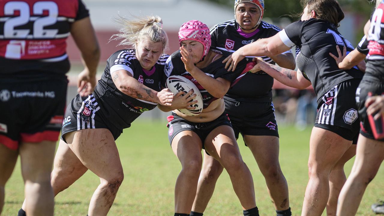 Katelyn Anderson (left) of Oakey tackles Demi Federoff of Valleys in TRL Women Round 8 rugby league at John McDonald Sports Complex. Picture: Kevin Farmer