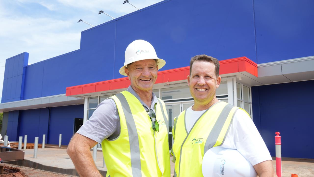 Overseeing the construction of Toowoomba's new $30m Officeworks precinct, which includes new drive-through outlets Starbucks and KFC, are (from left) developers Rob Weymouth and Daniel Cooper.