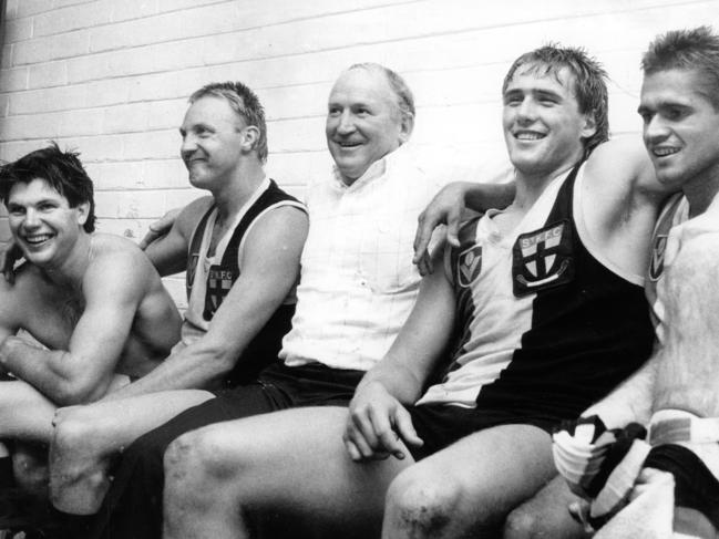 St Kilda's coach Darrel Baldock with players (from left) Danny Frawley, Geoff Cunningham, Tony Lockett and Nicky Winmar in 1987.