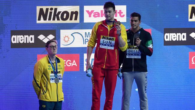 Australia's Mack Horton refuses to stand on the podium with gold medallist China's Sun Yang at the 2019 World Championships. Picture: Ed Jones