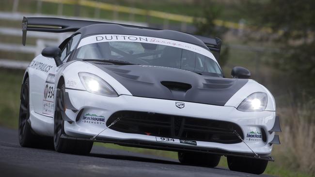 Jason White and John White in their 2016 Dodge Viper ACR Extreme during the Moriarty stage of Targa Tasmania 2019. Picture: CHRIS KIDD